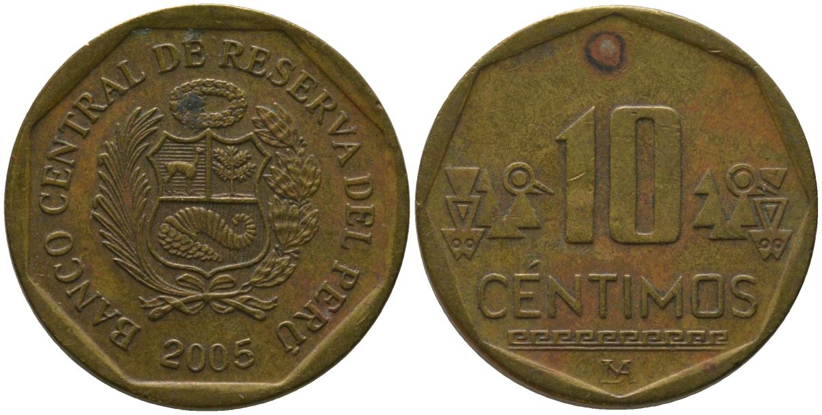 Перу 10 сентимо 2005 LIMA KM 305.4, Schon 104 латунь 4543-835