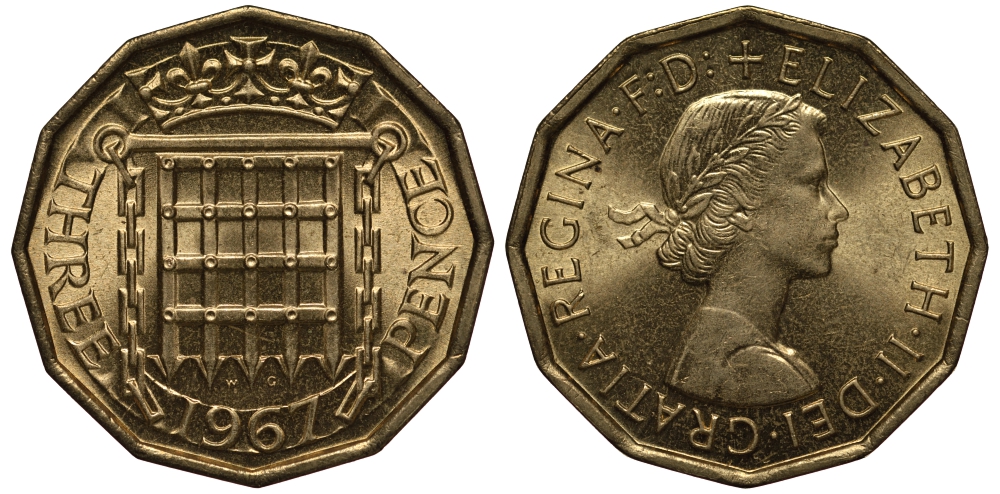 Великобритания 3 пенса 1967 Елизавета II (1952-2022) KM 900, Spink 4153 никель латунь UNC 650-1125