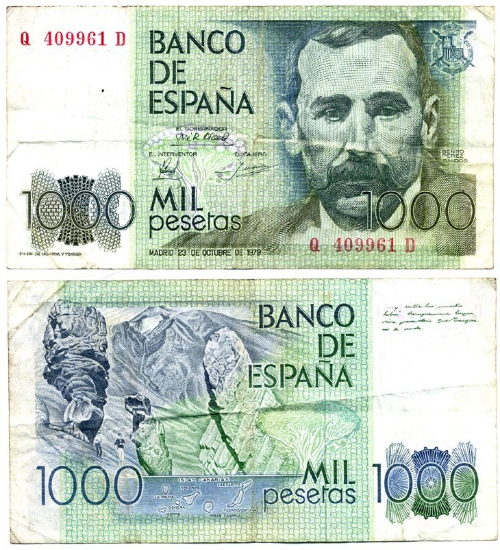 Испания 1000 Песет 1979 Бенито Перес Гальдос, Канарские острова Pick 158 бумага 6318-2-3-2