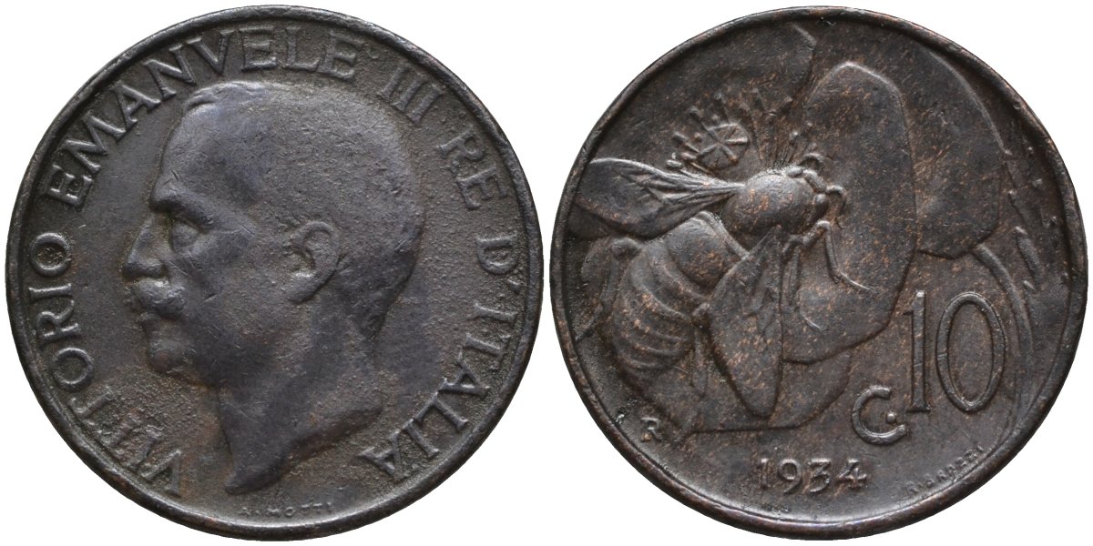 Италия 10 чентезимо 1934 R, пчела, Виктор Эммануил III (1900-1946) KM 60 бронза 4171-847