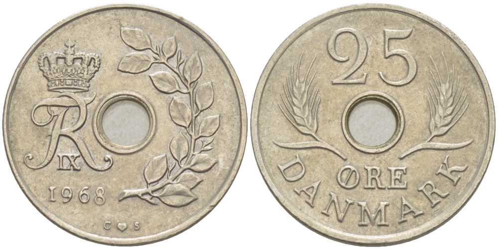 Дания 25 эре 1968 С;S, Фредерик IX (1947-1972) KM 855.1 медно-никель 94-153