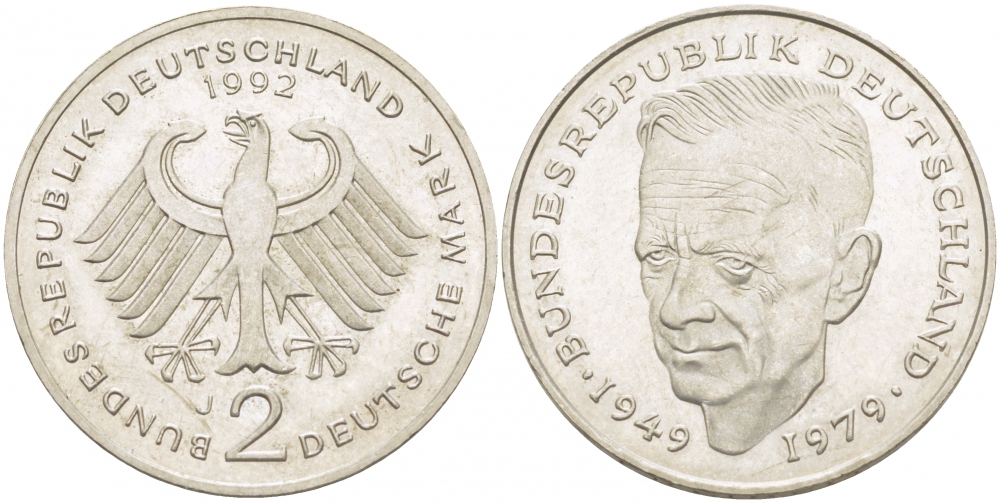ФРГ 2 МАРКИ 1992 J, КУРТ ШУМАХЕР KM 149, J. 424 медно-никель плакированный никелем 3718-1025