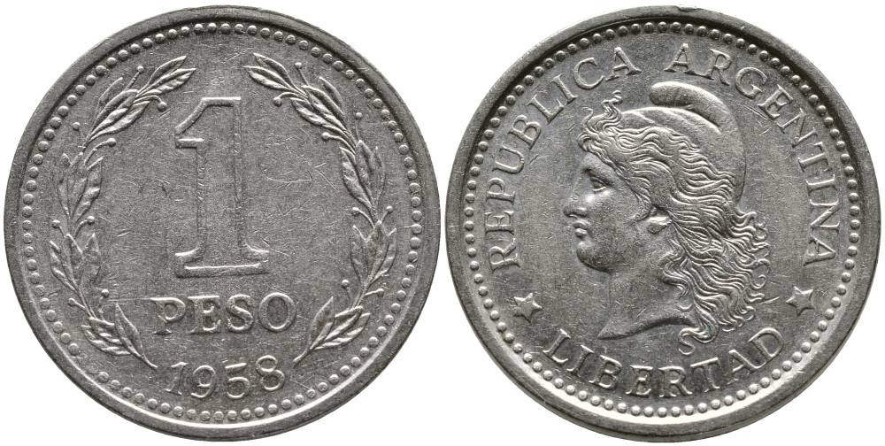 Аргентина 1 песо 1958 голова свободы влево KM 57 сталь плакированная никелем 4525-912