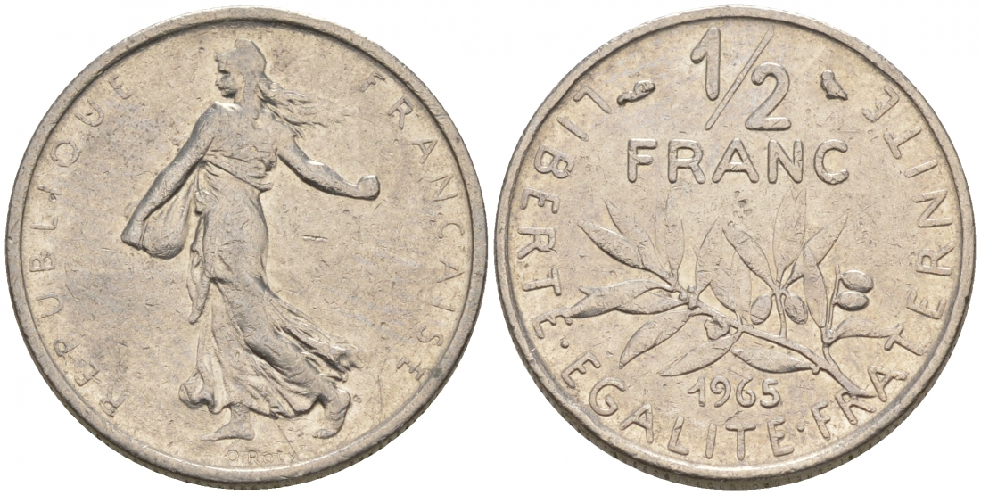 Франция 1/2 франка 1965 сеятель KM 931, Le Franc 198.3 никель 44-112