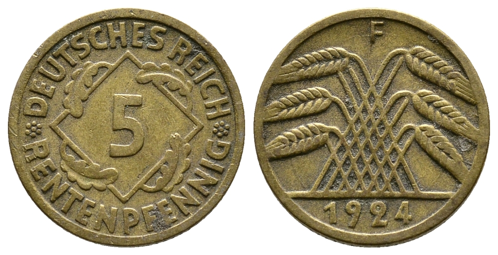 ГЕРМАНИЯ 5 РЕНТЕНПФЕННИГОВ 1924 F, KM 32, J. 308 алюминиевая бронза 4380-1021