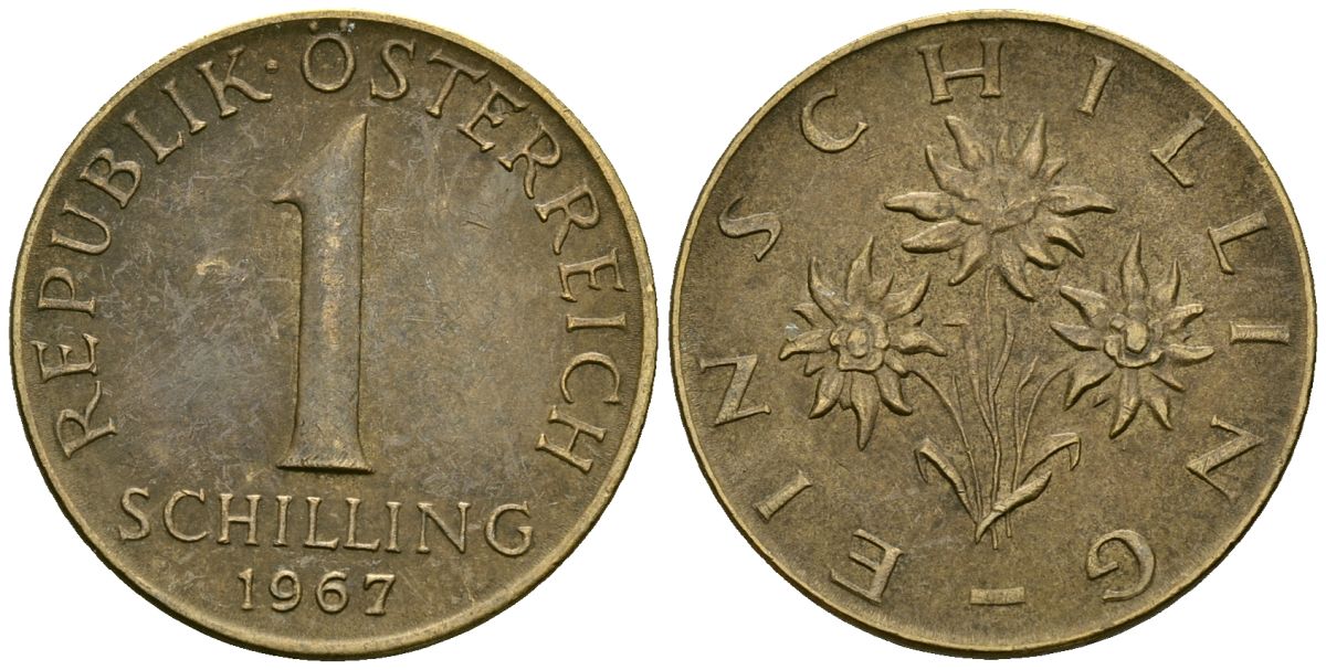 Австрия 1 шиллинг 1967 KM 2886 алюминиевая бронза 4135-153