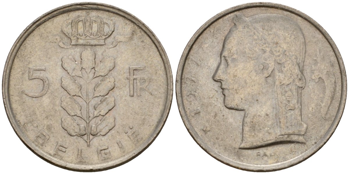 Бельгия 5 франков 1977 Belgie, Бодуэн I (1951-1993) KM 135 медно-никель 4395-635