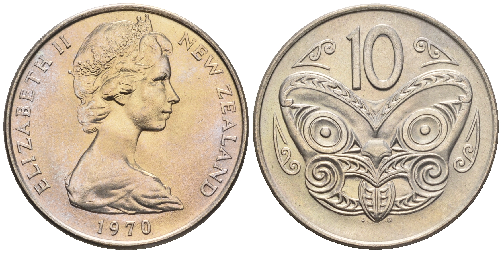 Новая Зеландия 10 центов 1970 Елизавета II (1952-2022), маска маори KM 41.1 медно-никель  UNC  4182-1123