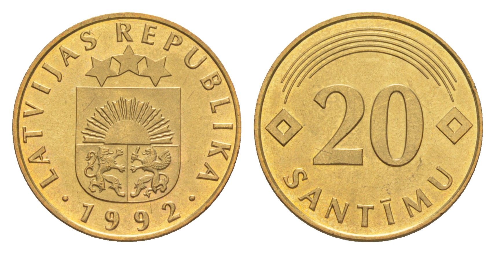 Латвия 20 сантимов 1992 KM 22.1 никель латунь UNC 3996-1019