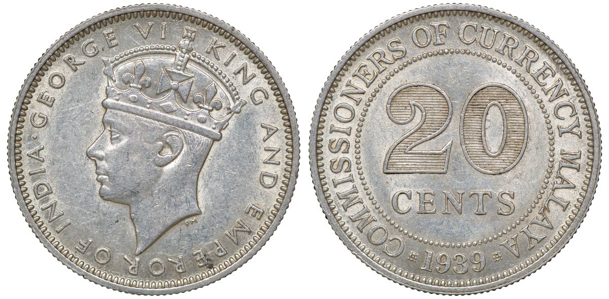 Британская Малайя 20 центов 1939 Георг VI (1937-1952) KM 5 серебро 53-357