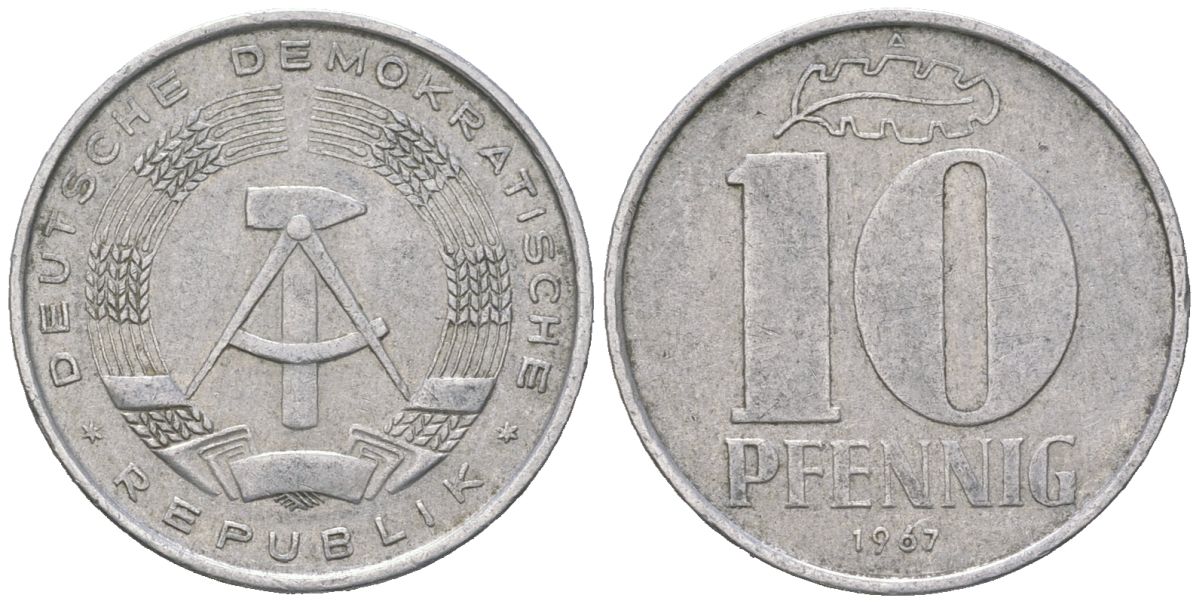 ГДР 10 пфеннигов 1967 A KM 10 алюминий 201-824