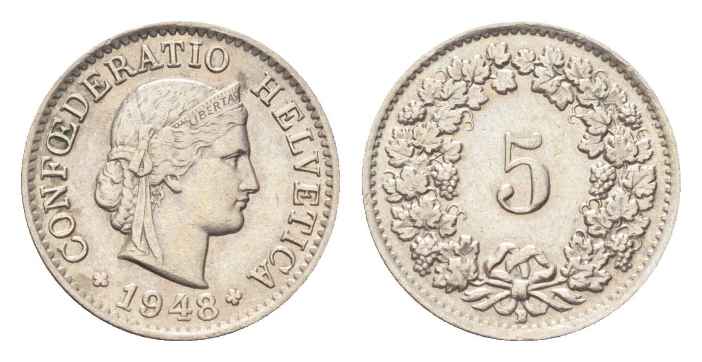 Швейцария 5 раппенов 1948 B KM 26 медно-никель 4705-1241