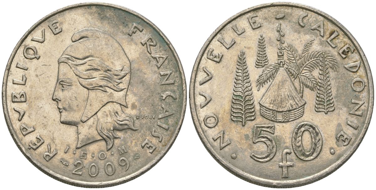 Французская Новая Каледония 50 франков 2009 хижина среди сосен и пальм, (IEOM) KM 13a, Schoen 15a, Lec 128i медно-никель 114-1135