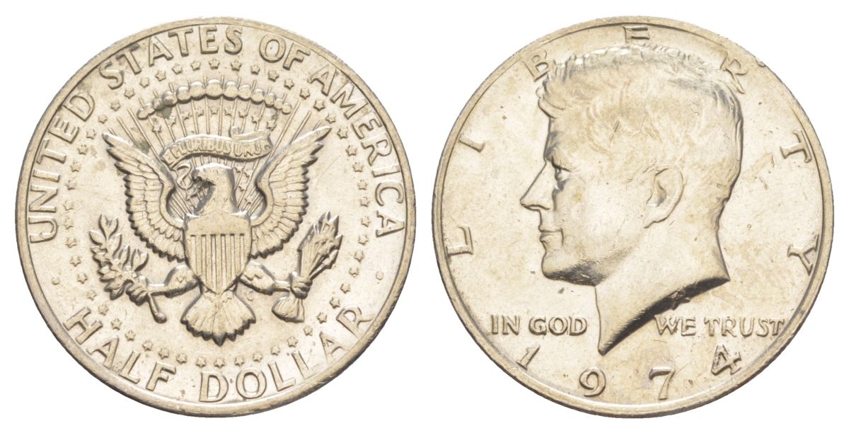 США 1/2 доллара (50 центов) 1974 Джон Кеннеди KM 202b медь плакированная медно-никелем aUNC 4536-725