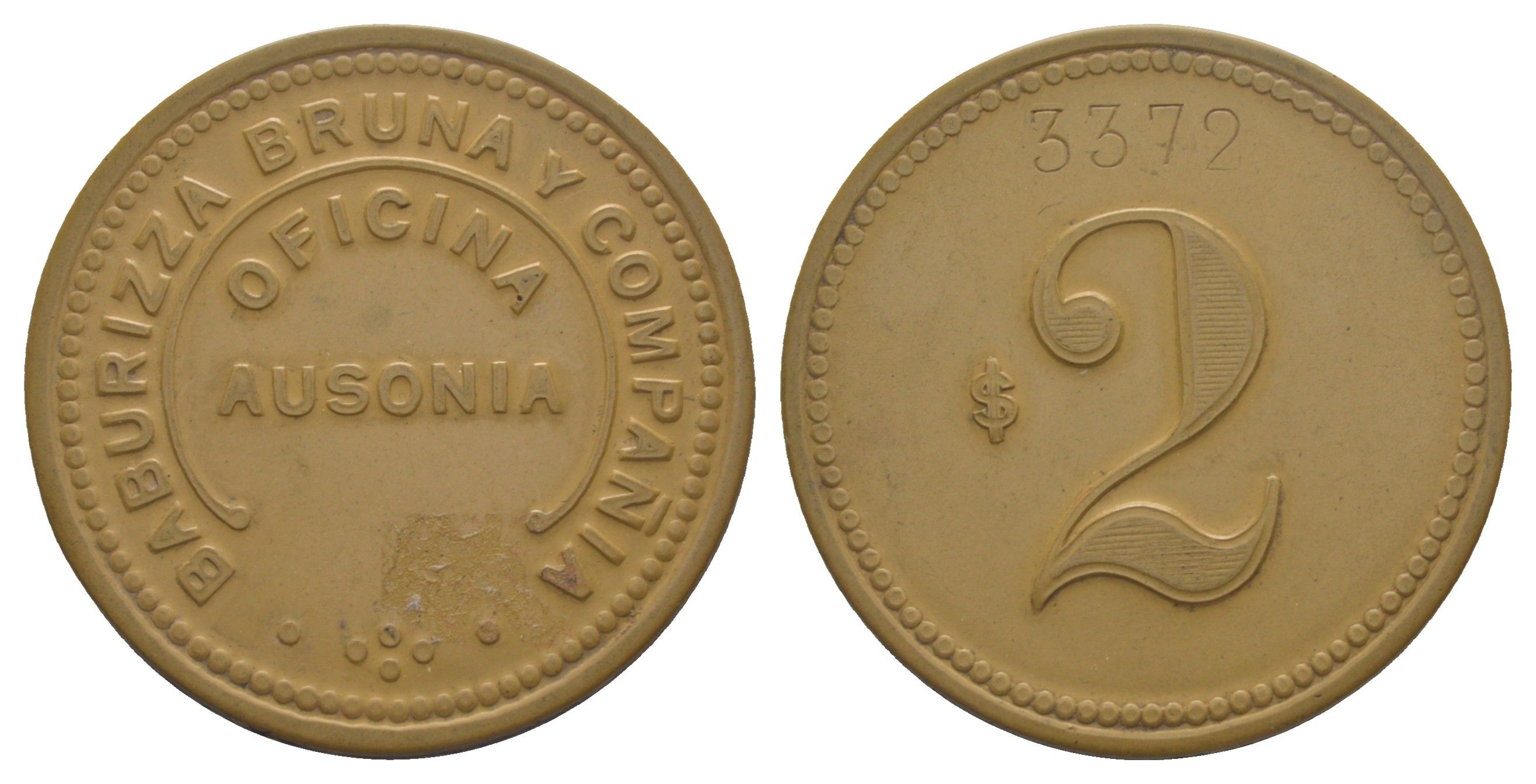 Чили, Аузония (Ausonia), Антофагаста шахтерский жетон с Селитряного рудника для покупки в местных магазинах, номиналом в 2 песо 1880-1920 диаметр 45,5 мм, вес 6,27 гр Espinosa 36.15 эбонит (охра) 1094-11-52