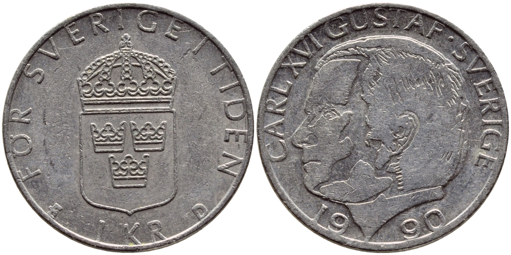 Швеция 1 крона 1990 Карл XVI Густав (1973- ) KM 852a медно-никель 4398-1217