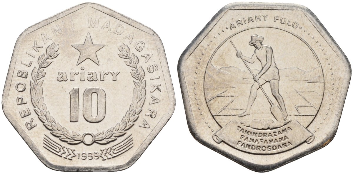 Мадагаскар 10 ариари 1999 KM 27 сталь плакированная никелем 4141-655