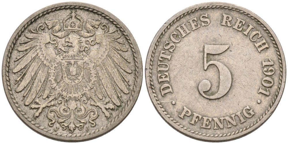Германия 5 пфеннигов 1901 J KM 11, J.12 медно-никель 4567-1027
