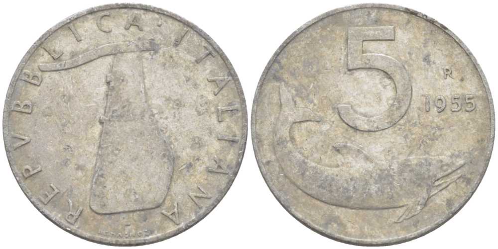 ИТАЛИЯ 5 ЛИР 1955 R, РУЛЬ, ДЕЛЬФИН KM 92 алюминий 175-125