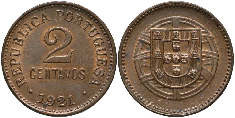 ПОРТУГАЛИЯ 2 СЕНТАВО 1921 РЕСПУБЛИКА КМ 568 бронза 413-2815