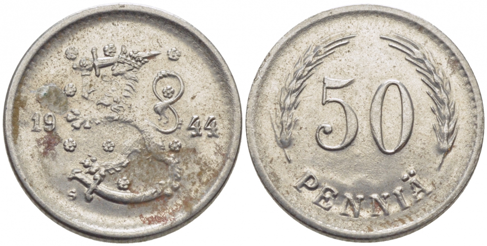 Финляндия 50 пенни 1944 S KM 26b железо aUNC 413-2045