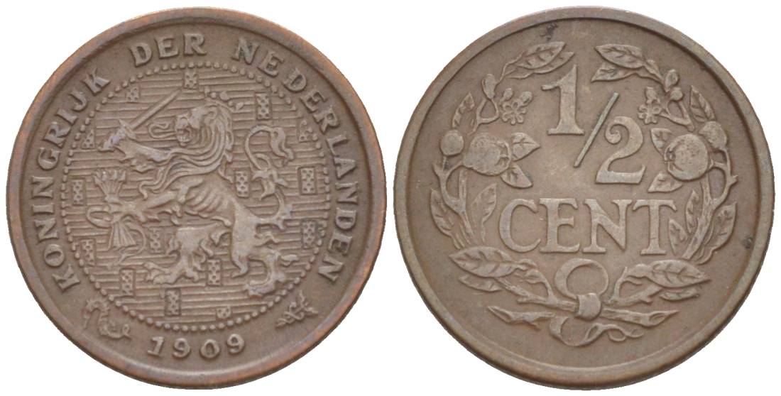 НИДЕРЛАНДЫ 1/2 ЦЕНТА 1909 ВИЛЬГЕЛЬМИНА I (1891-1948) KM 138 бронза 4547-1239