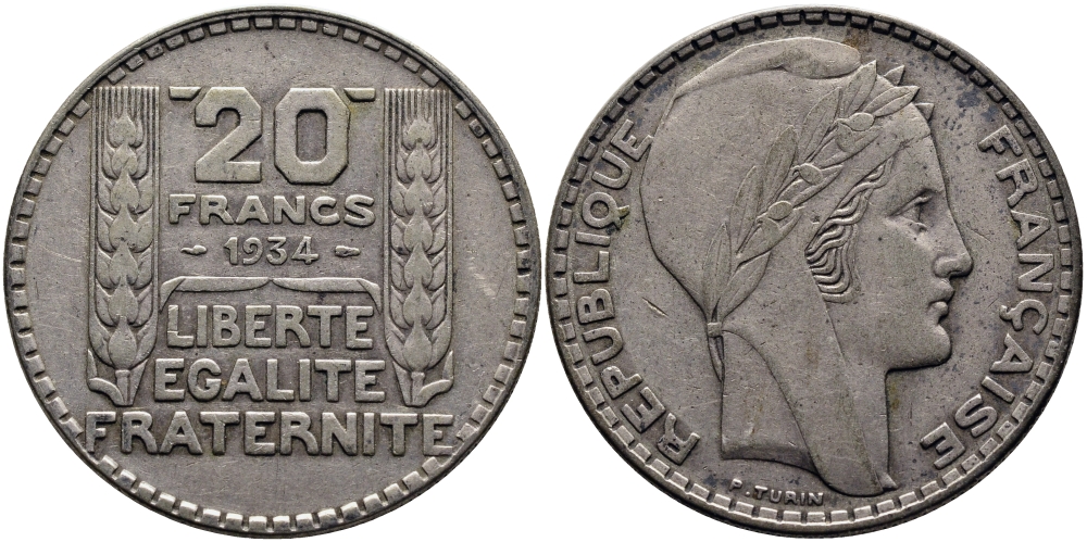 Франция 20 франков 1934 Пьер Тюрен KM 879, Le Franc 400.4 серебро 441-1633