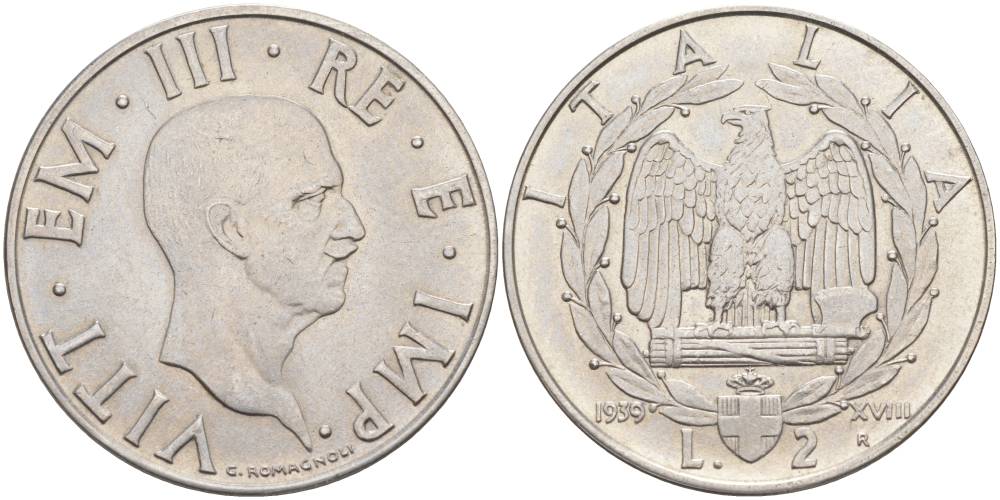 ИТАЛИЯ 2 ЛИРЫ 1939 R, ГОД XVIII, ВИКТОР ЭММАНУИЛ III (1900-1946), немагнитная, ГУРТ РИФЛЁНЫЙ KM78a, VEM3. 1153 a) нержавеющая сталь 3855-231