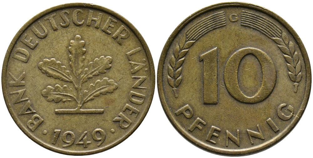 ФРГ 10 ПФЕННИГОВ 1949 G KM 103, J. 378 сталь плакированная латунью 98-531