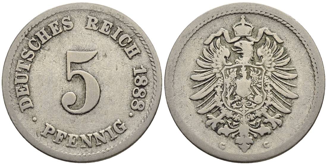 ГЕРМАНИЯ 5 ПФЕННИГОВ 1888 G, СТАРОГЕРБОВКА KM 3, Jager 3, Weege 5 медно-никель 4546-1053