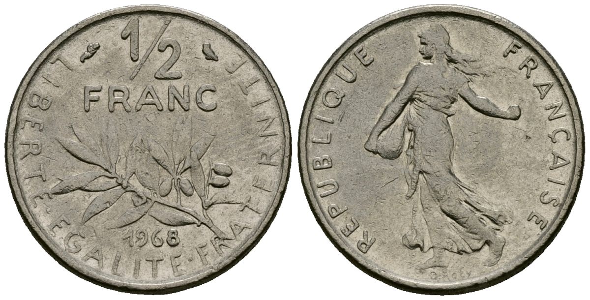 Франция 1/2 франка 1968 сеятель KM 931 никель 4135-651