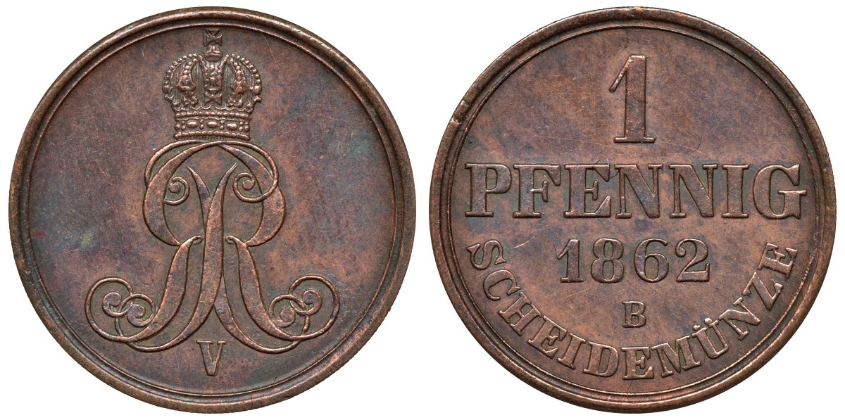 Ганновер 1 пфенниг 1862 B, Георг V KM 233, AKS 156, J. 90 медь 4594-461