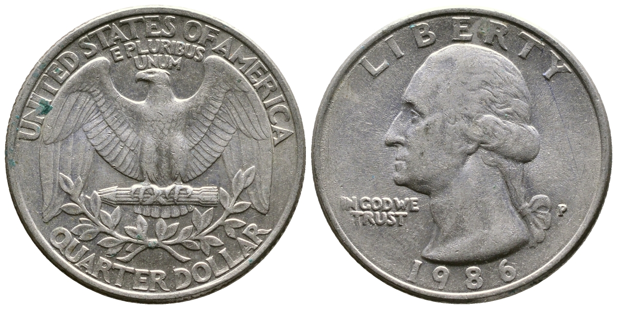 США 25 ЦЕНТОВ = КВОТЕР 1986 Р, ВАШИНГТОН KM А164а медь плакированная медно-никелем 4364-2245