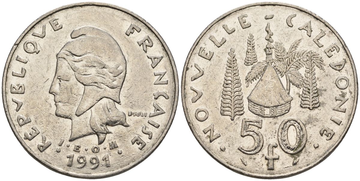 Французская Новая Каледония 50 франков 1991 хижина среди сосен и пальм, (IEOM) KM 13, Schoen 15, Lec 121 никель 4120-934
