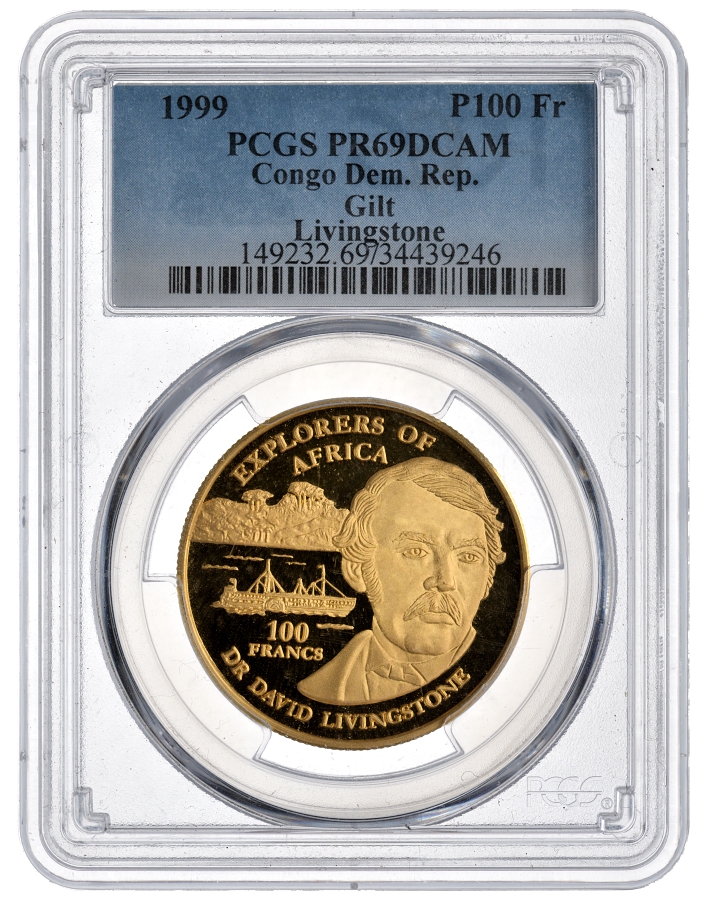 ДР Конго 100 франков 1999 Давид Ливингстон, в слабе PCGS PR 69 DCAM, Probe, пробник KM  позолота  PROOF  15-007-18