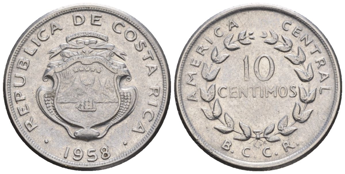 Коста-Рика 10 сентимо 1958 (1959) KM 185.1a, Schoen 34a нержавеющая сталь 4124-152
