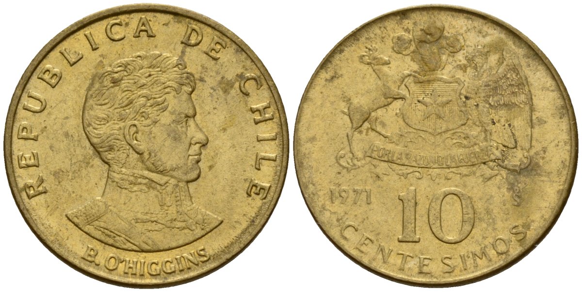 Чили 10 сентесимо 1971 KM 194 алюминиевая бронза 4158-719