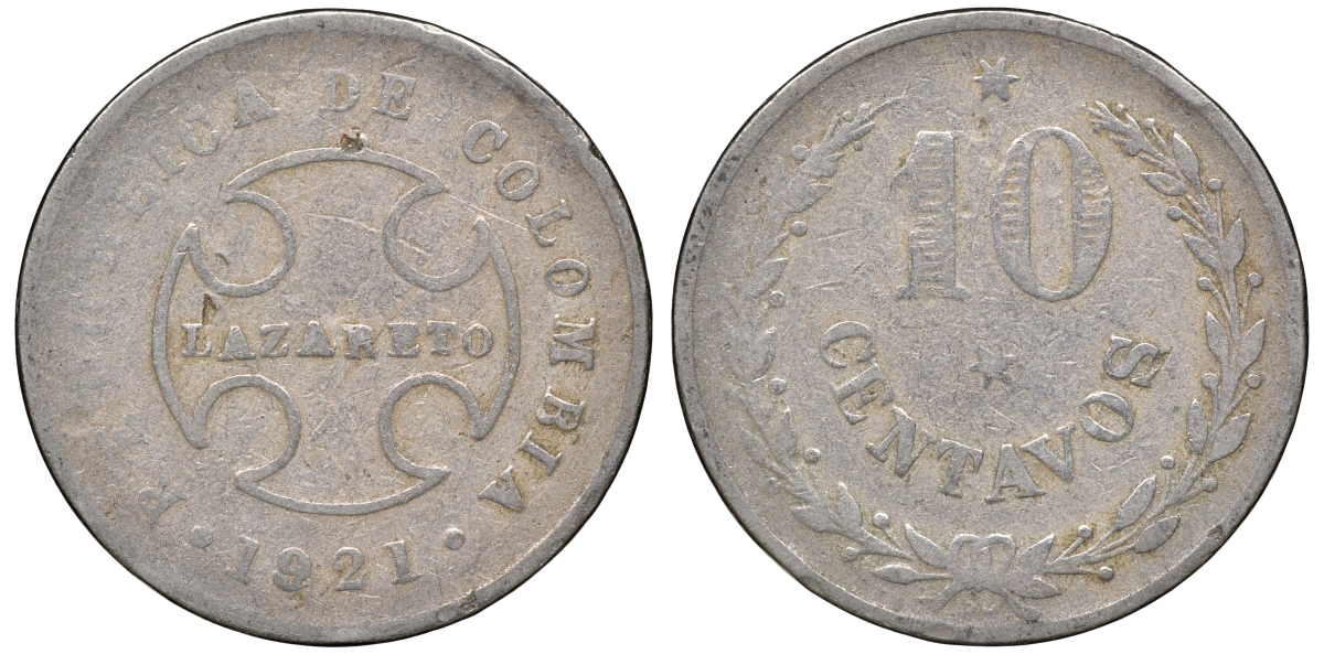 Колумбия 10 сентаво 1921 государственный лепрозорий KM L12 медно-никель 53-442