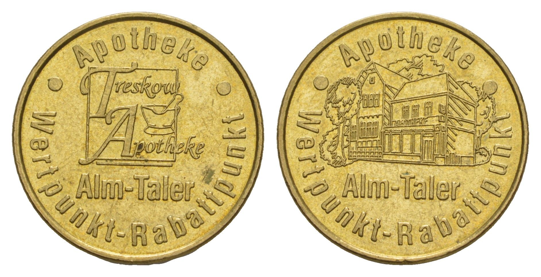 Германия аптечный жетон Аптека Treskow диаметр 23 мм, вес 8,9 гр латунь 4656-451