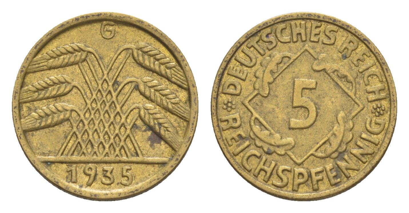 Германия 5 рейхспфеннигов 1935 G KM 39, J. 316 алюминиевая бронза 4636-756