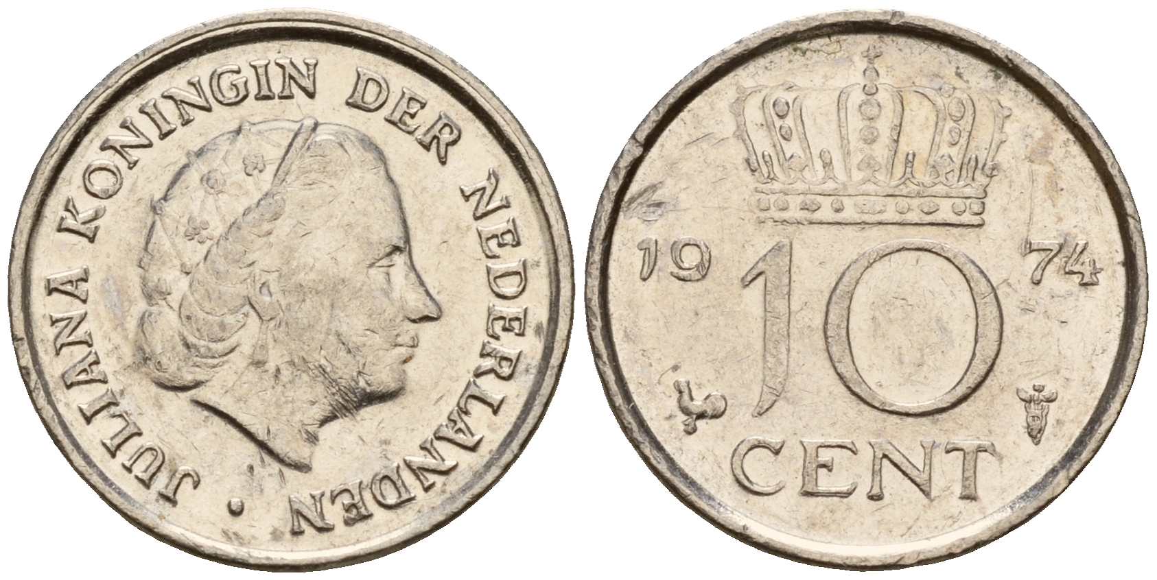 Нидерланды 10 центов 1974 Юлиана (1949-1980) KM 182 никель    4598-319