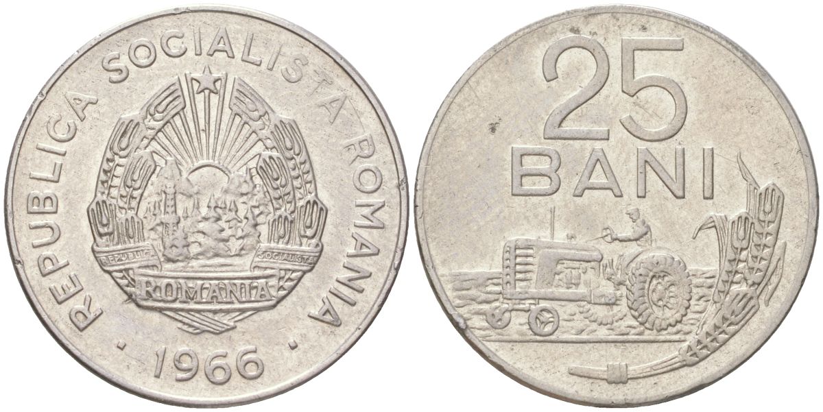 Румыния 25 бань (бани) 1966 трактор KM 94 сталь плакированная никеоем aUNC 4613-837