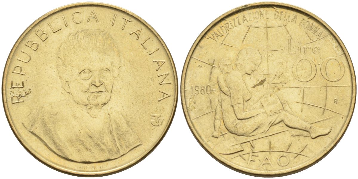 Италия 200 лир 1980 R, FAO, международный год женщин KM 107 алюминиевая бронза 4126-114