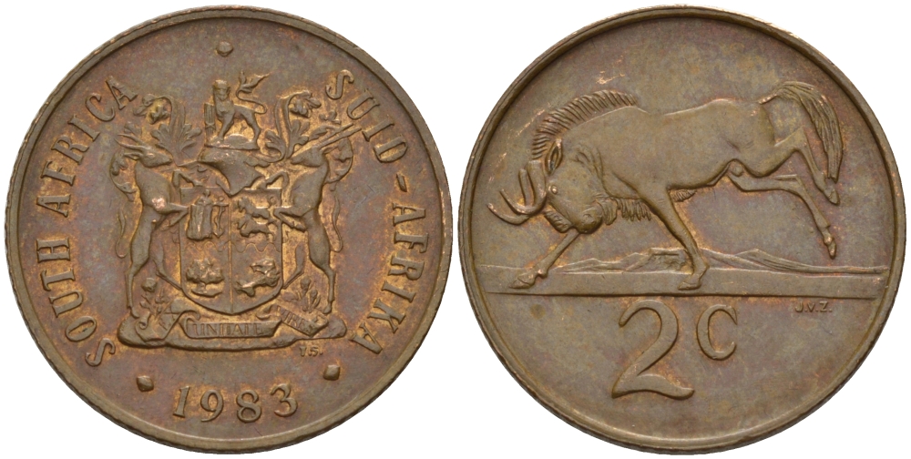 ЮАР 2 цента 1983 герб, антилопа гну KM 83 бронза 67-344