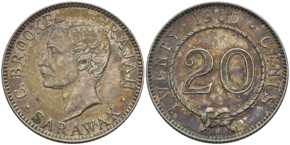 Саравак 20 центов 1900 Н, Чарльз Энтони Джонсон Брук, Королевство Саравак (1846 - 1946)  KM 10 серебро XF 00-811-41