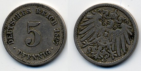 ГЕРМАНИЯ 5 ПФЕННИГОВ 1897 A, KM 11, J. 12 медно-никель 53-113