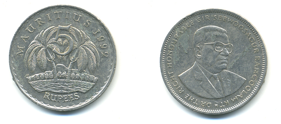 Маврикий 5 рупий 1992 Сивусагур Рамгулам KM 56 медно-никель 179-134