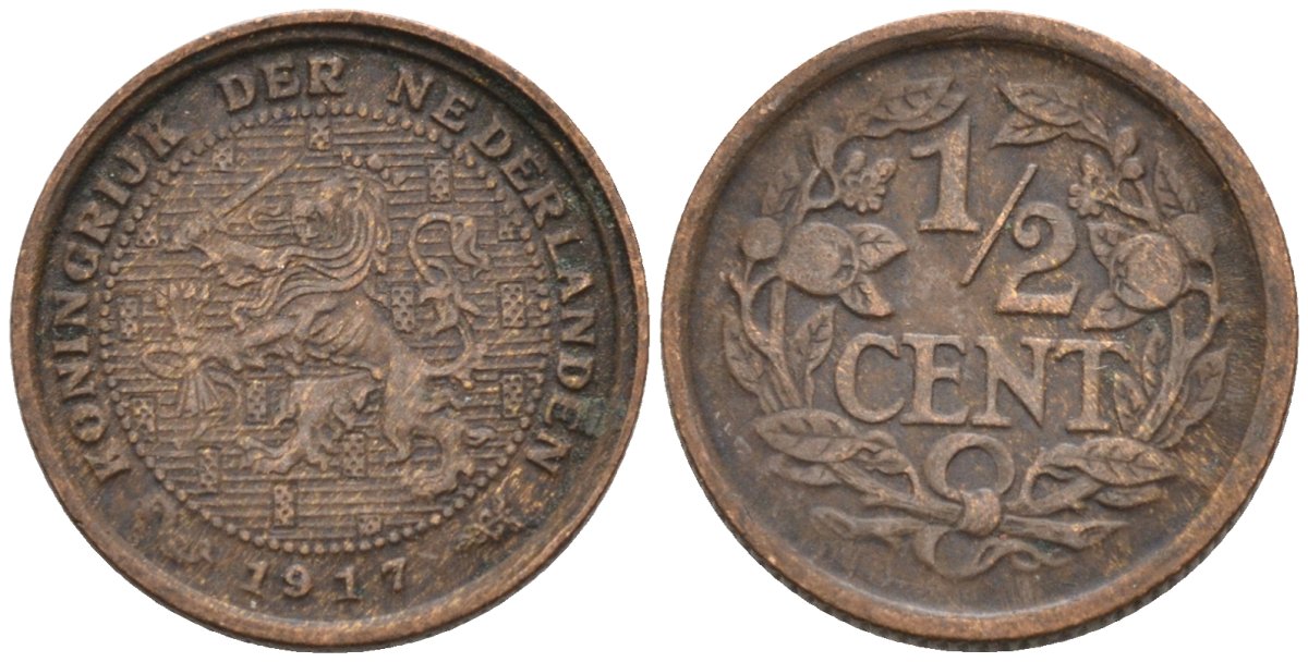 Нидерланды 1/2 цента 1917 Вильгельмина (1890-1948) KM 138 бронза 4576-414