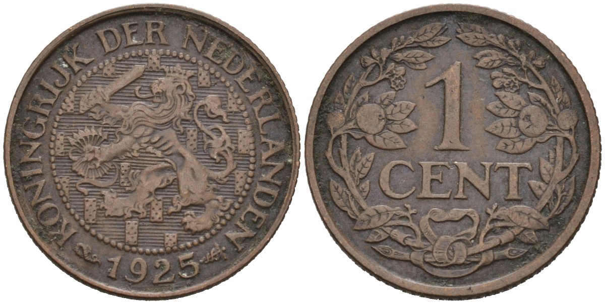 Нидерланды 1 цент 1925 Вильгельмина (1890-1948) KM 152 бронза 4576-734