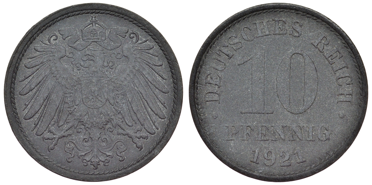 Германия 10 пфеннигов 1921 KM 26, J. 299, Weege 8 цинк 4119-326